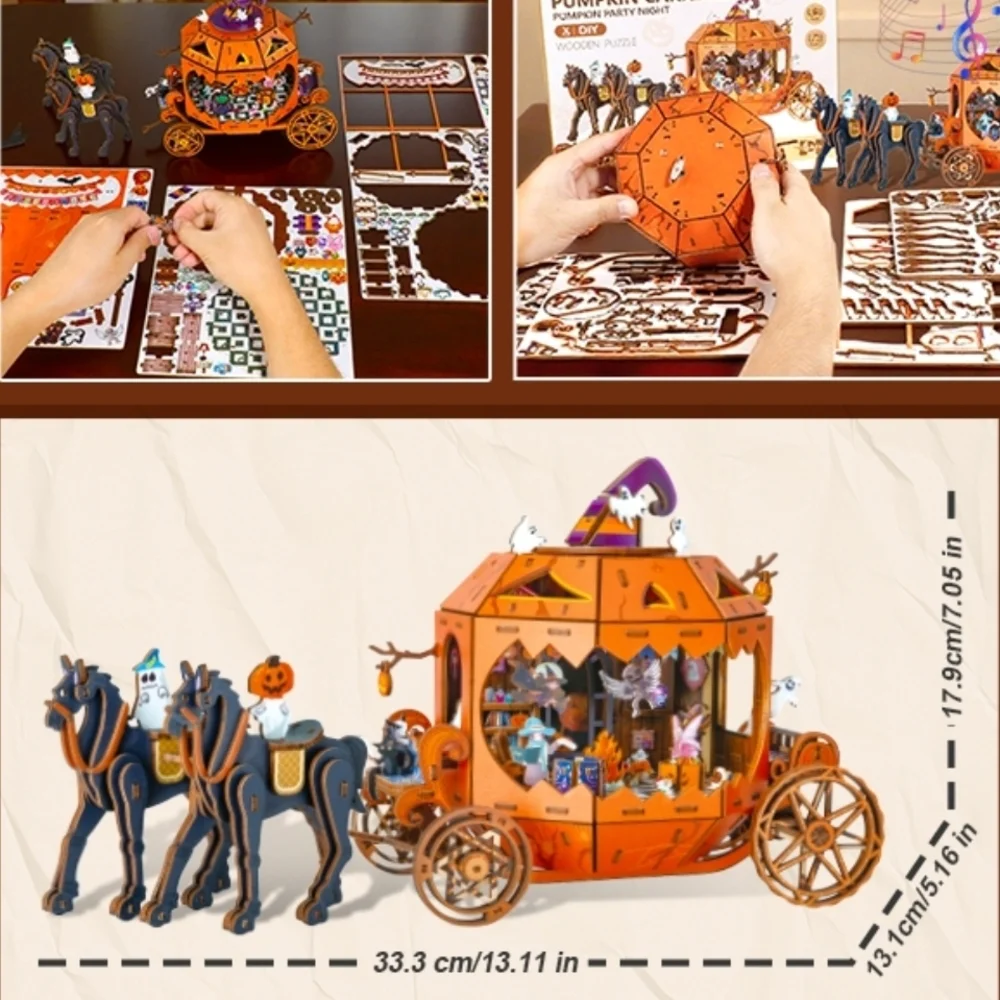 Pumpkin Carriage DIY Wooden Puzzle - Orange and Black